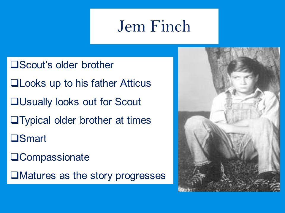 Atticus Finch Father of Scout and Jem A widower An attorney by profession Highly respected Good citizen Instills good values and morals in his children.