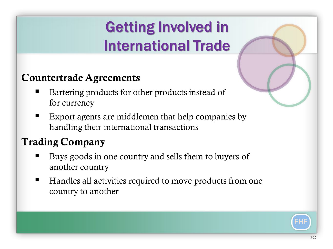 FHF Countertrade Agreements  Bartering products for other products instead of for currency  Export agents are middlemen that help companies by handling their international transactions Trading Company  Buys goods in one country and sells them to buyers of another country  Handles all activities required to move products from one country to another Getting Involved in International Trade 3-25
