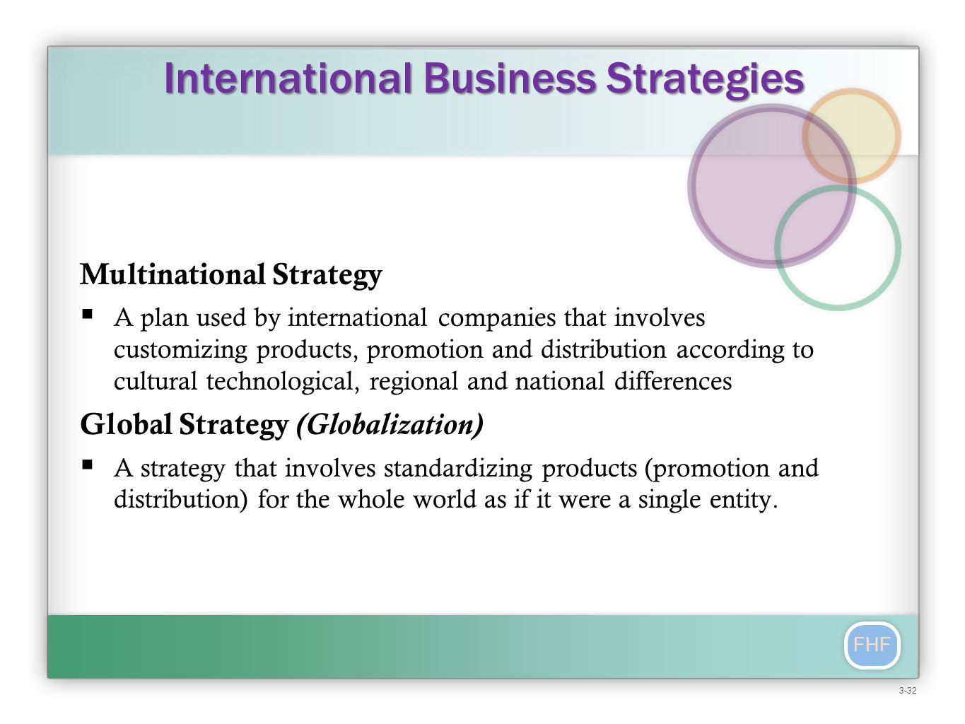 FHF Multinational Strategy  A plan used by international companies that involves customizing products, promotion and distribution according to cultural technological, regional and national differences Global Strategy (Globalization)  A strategy that involves standardizing products (promotion and distribution) for the whole world as if it were a single entity.