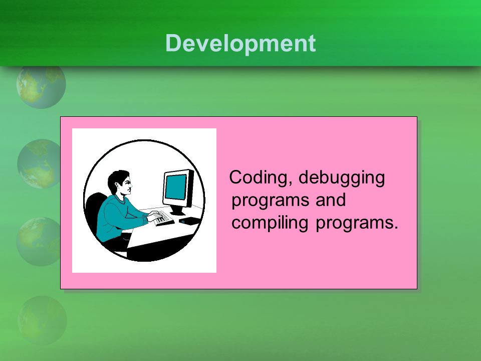 Development Coding, debugging programs and compiling programs.