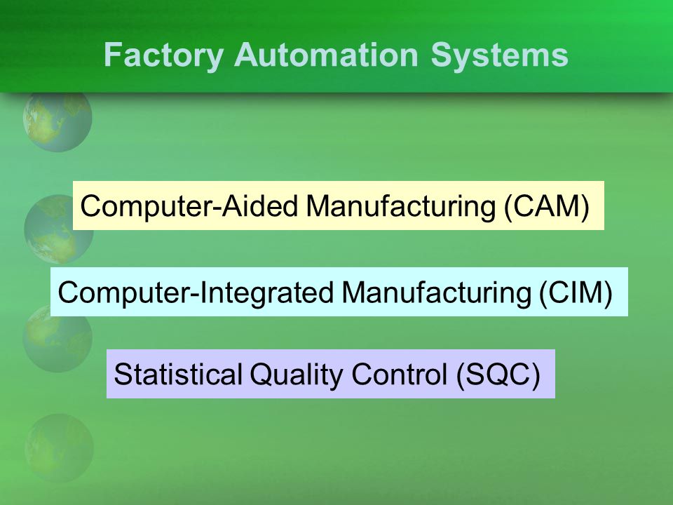 Factory Automation Systems Computer-Aided Manufacturing (CAM) Computer-Integrated Manufacturing (CIM) Statistical Quality Control (SQC)