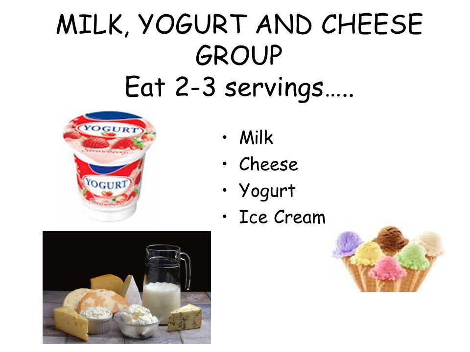 MILK, YOGURT AND CHEESE GROUP Eat 2-3 servings….. Milk Cheese Yogurt Ice Cream