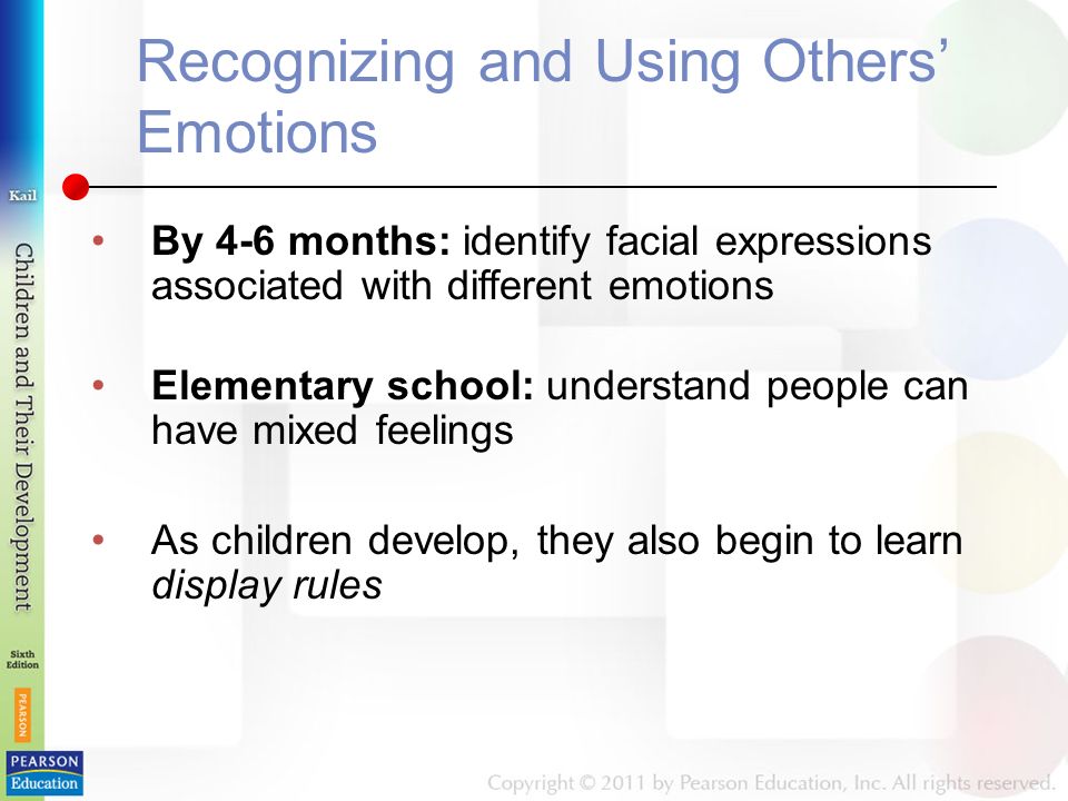 Recognizing and Using Others’ Emotions By 4-6 months: identify facial expressions associated with different emotions Elementary school: understand people can have mixed feelings As children develop, they also begin to learn display rules