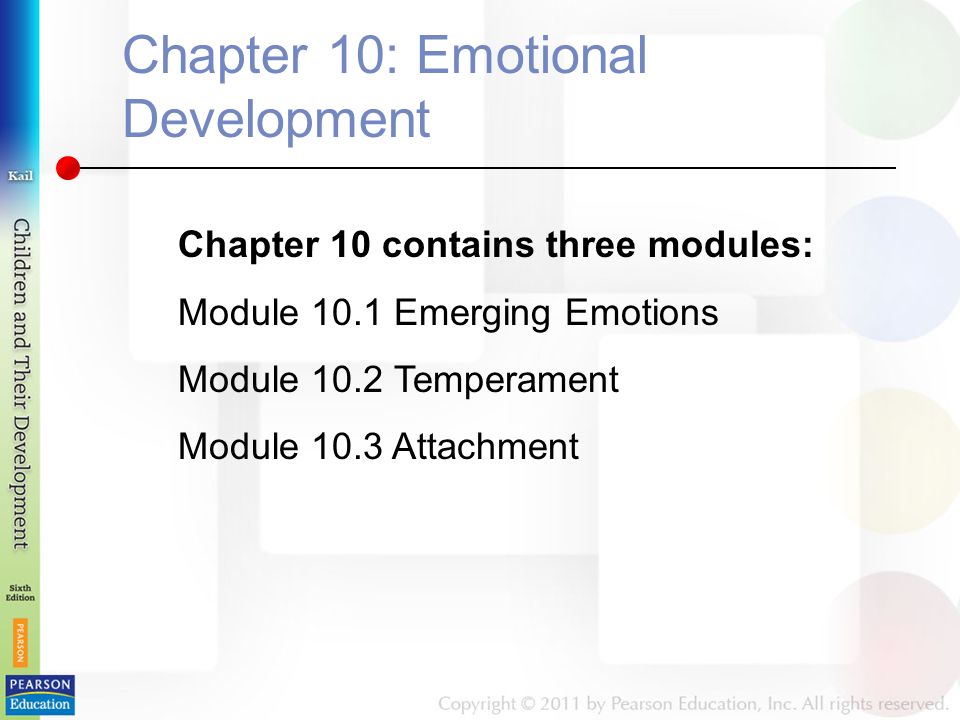 Chapter 10: Emotional Development Chapter 10 contains three modules: Module 10.1 Emerging Emotions Module 10.2 Temperament Module 10.3 Attachment