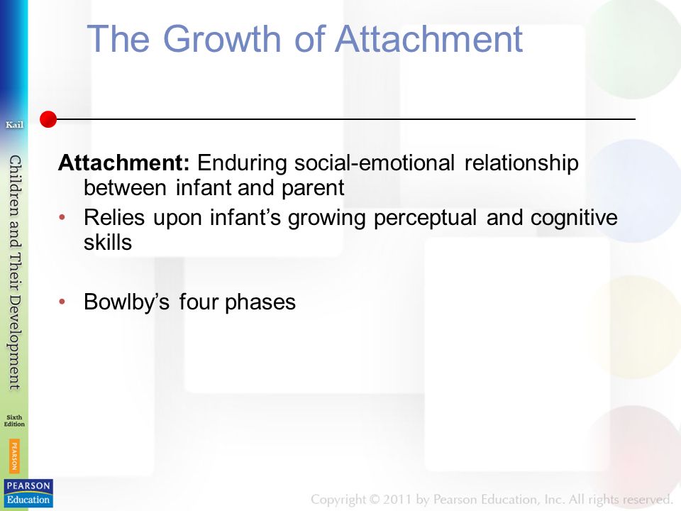 The Growth of Attachment Attachment: Enduring social-emotional relationship between infant and parent Relies upon infant’s growing perceptual and cognitive skills Bowlby’s four phases