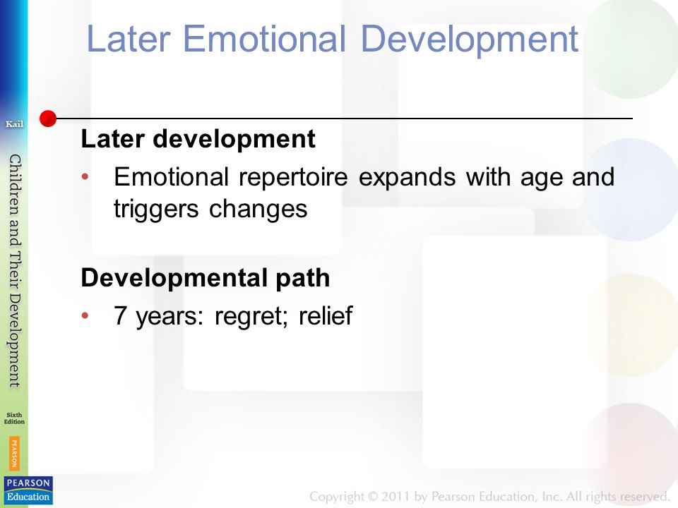 Later Emotional Development Later development Emotional repertoire expands with age and triggers changes Developmental path 7 years: regret; relief