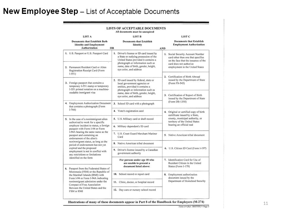 11 New Employee Step – List of Acceptable Documents