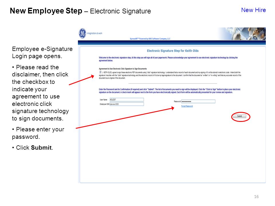 16 New Employee Step – Electronic Signature Employee e-Signature Login page opens.