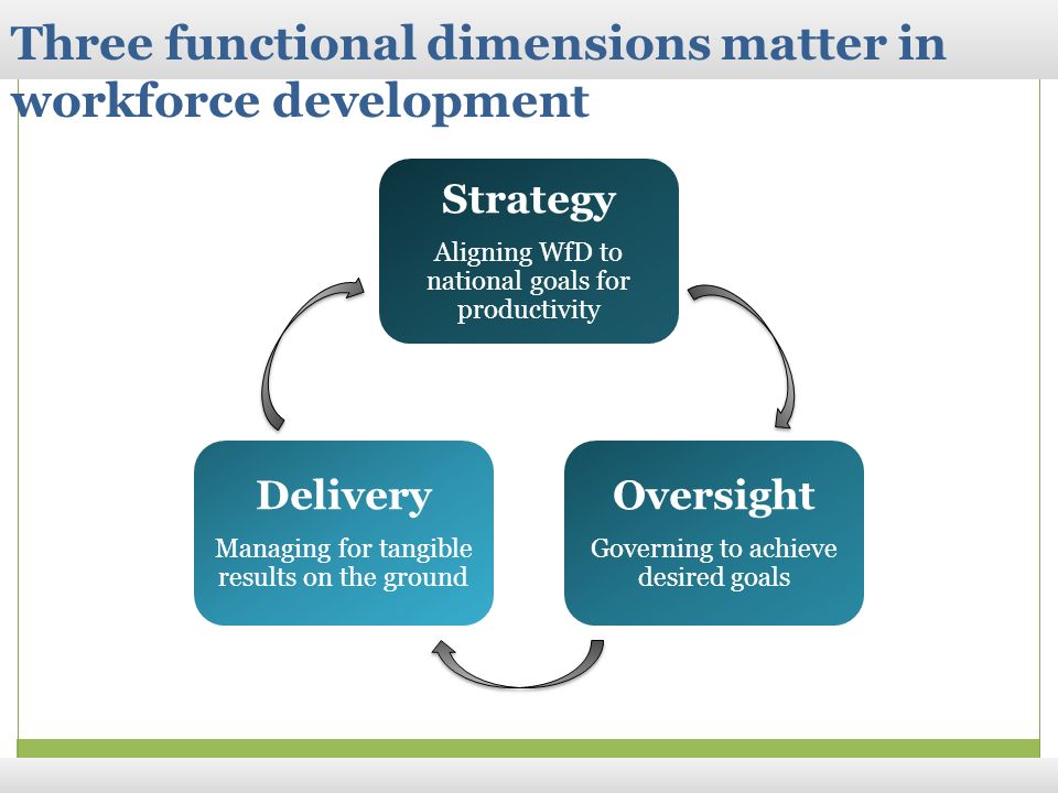 Three functional dimensions matter in workforce development Strategy Aligning WfD to national goals for productivity Delivery Managing for tangible results on the ground Oversight Governing to achieve desired goals