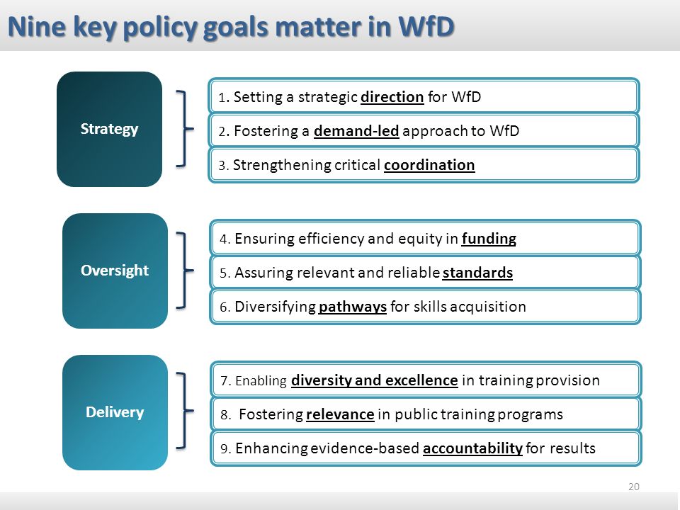 1. Setting a strategic direction for WfD 2. Fostering a demand-led approach to WfD 3.