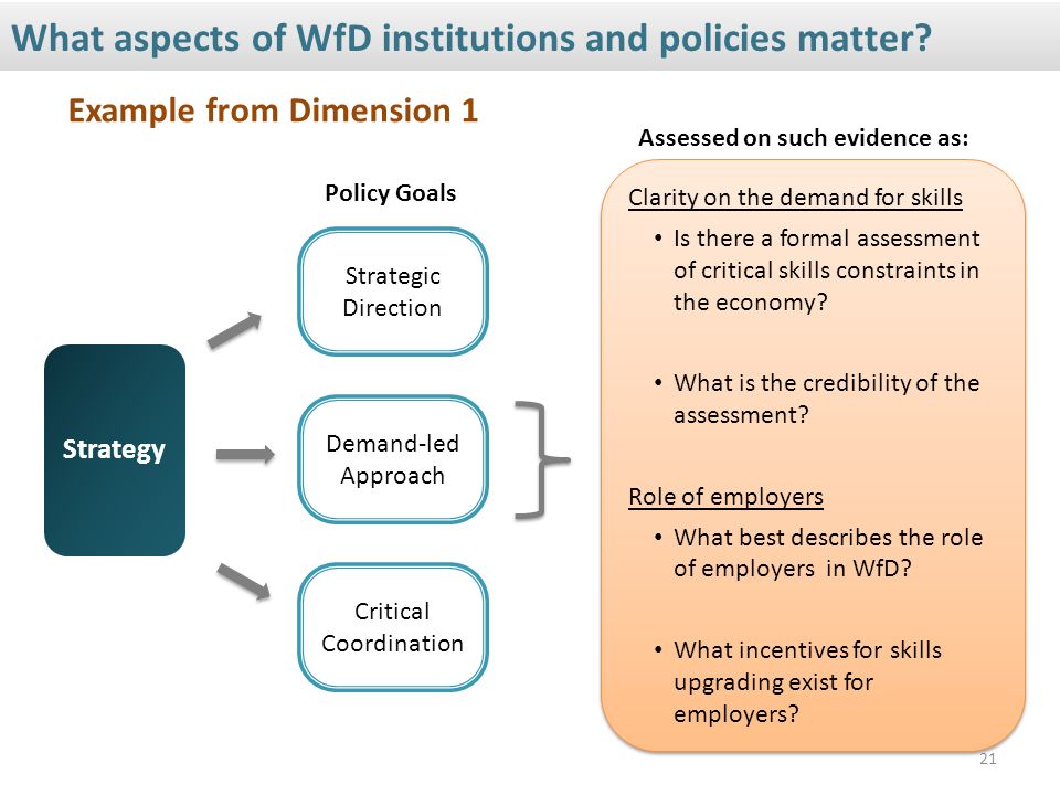 Example from Dimension 1 21 Strategy Policy Goals Critical Coordination Demand-led Approach Strategic Direction Assessed on such evidence as: Clarity on the demand for skills Is there a formal assessment of critical skills constraints in the economy.