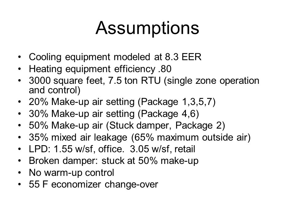 Assumptions Cooling equipment modeled at 8.3 EER Heating equipment efficiency square feet, 7.5 ton RTU (single zone operation and control) 20% Make-up air setting (Package 1,3,5,7) 30% Make-up air setting (Package 4,6) 50% Make-up air (Stuck damper, Package 2) 35% mixed air leakage (65% maximum outside air) LPD: 1.55 w/sf, office.