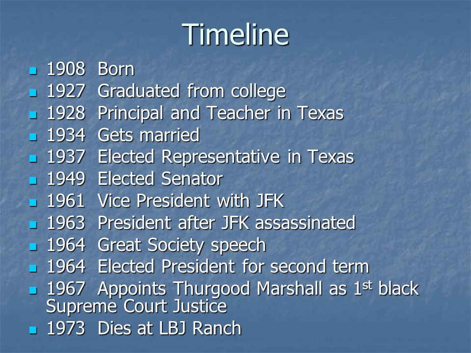 Timeline 1908 Born 1908 Born 1927 Graduated from college 1927 Graduated from college 1928 Principal and Teacher in Texas 1928 Principal and Teacher in Texas 1934 Gets married 1934 Gets married 1937 Elected Representative in Texas 1937 Elected Representative in Texas 1949 Elected Senator 1949 Elected Senator 1961 Vice President with JFK 1961 Vice President with JFK 1963 President after JFK assassinated 1963 President after JFK assassinated 1964 Great Society speech 1964 Great Society speech 1964 Elected President for second term 1964 Elected President for second term 1967 Appoints Thurgood Marshall as 1 st black Supreme Court Justice 1967 Appoints Thurgood Marshall as 1 st black Supreme Court Justice 1973 Dies at LBJ Ranch 1973 Dies at LBJ Ranch