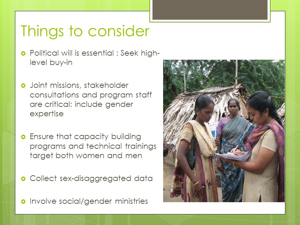 Things to consider  Political will is essential : Seek high- level buy-in  Joint missions, stakeholder consultations and program staff are critical: include gender expertise  Ensure that capacity building programs and technical trainings target both women and men  Collect sex-disaggregated data  Involve social/gender ministries