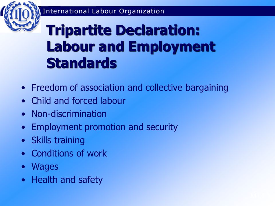 M1.1.3 Freedom of association and collective bargaining Child and forced labour Non-discrimination Employment promotion and security Skills training Conditions of work Wages Health and safety Tripartite Declaration: Labour and Employment Standards