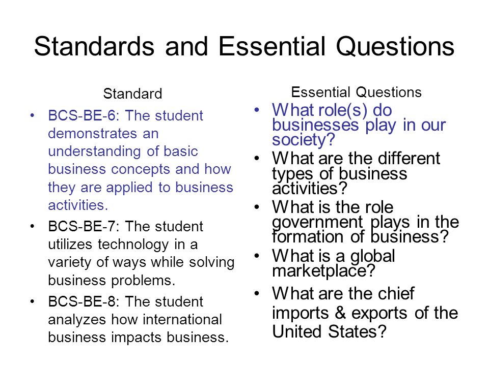 Standards and Essential Questions Standard BCS-BE-6: The student demonstrates an understanding of basic business concepts and how they are applied to business activities.