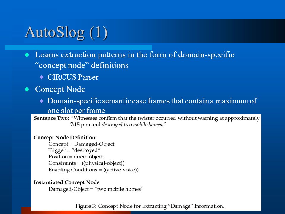 AutoSlog (1) Learns extraction patterns in the form of domain-specific concept node definitions  CIRCUS Parser Concept Node  Domain-specific semantic case frames that contain a maximum of one slot per frame