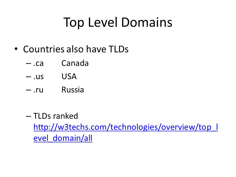 Top Level Domains Countries also have TLDs –.caCanada –.usUSA –.ruRussia – TLDs ranked   evel_domain/all   evel_domain/all