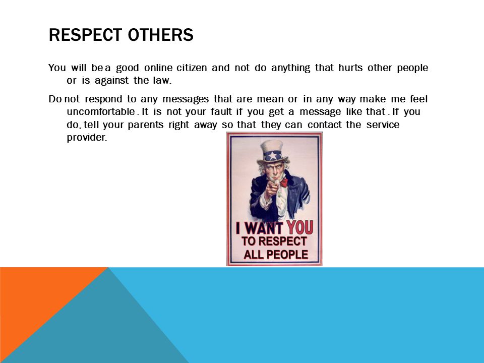 RESPECT OTHERS You will be a good online citizen and not do anything that hurts other people or is against the law.