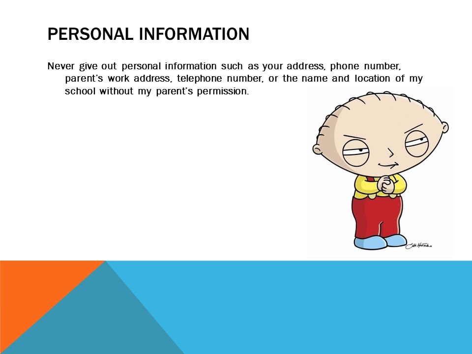 PERSONAL INFORMATION Never give out personal information such as your address, phone number, parent’s work address, telephone number, or the name and location of my school without my parent’s permission.