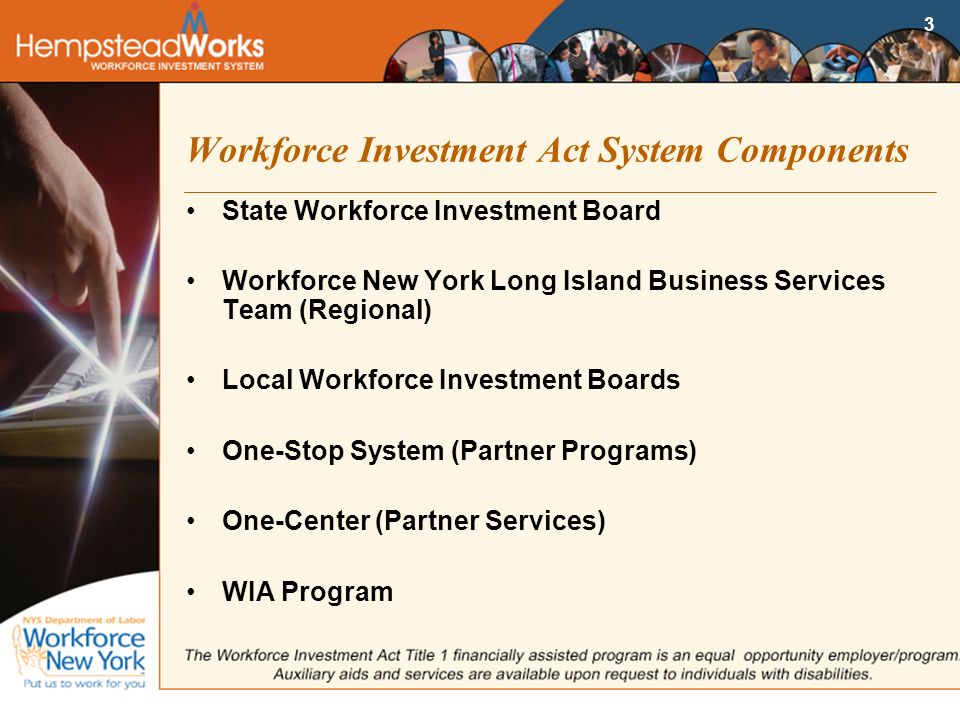 3 Workforce Investment Act System Components State Workforce Investment Board Workforce New York Long Island Business Services Team (Regional) Local Workforce Investment Boards One-Stop System (Partner Programs) One-Center (Partner Services) WIA Program