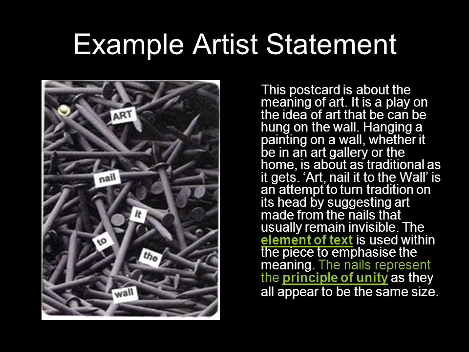 Example Artist Statement This postcard is about the meaning of art.