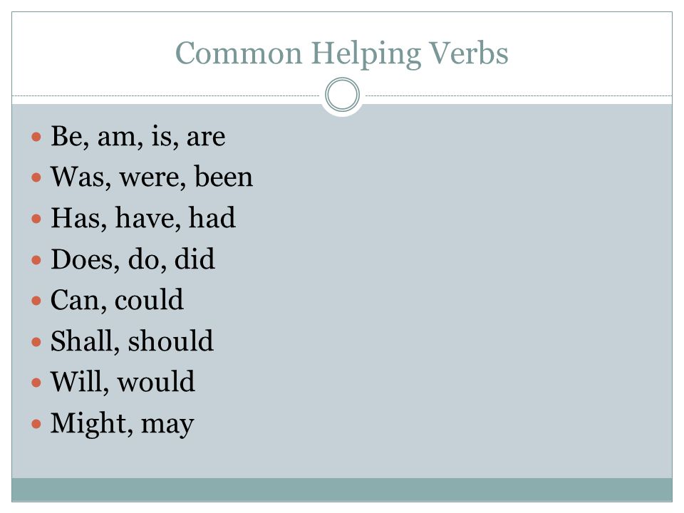Common Helping Verbs Be, am, is, are Was, were, been Has, have, had Does, do, did Can, could Shall, should Will, would Might, may