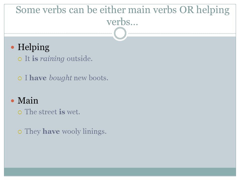 Some verbs can be either main verbs OR helping verbs… Helping  It is raining outside.
