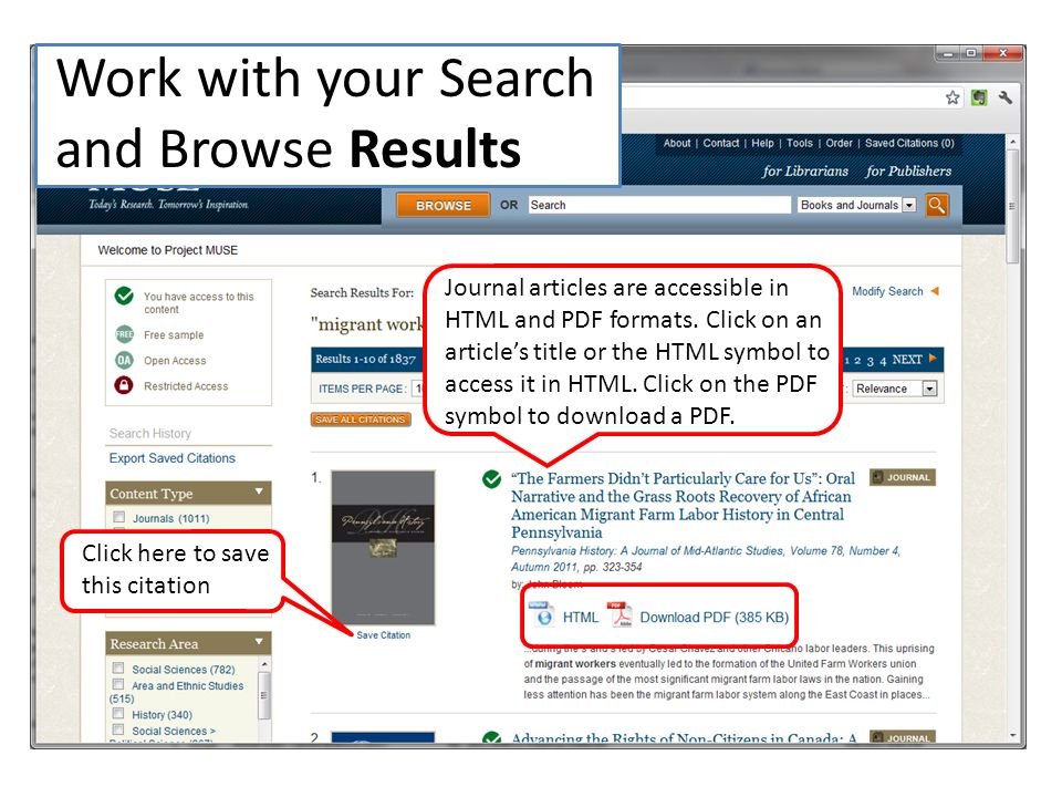 Journal articles are accessible in HTML and PDF formats.