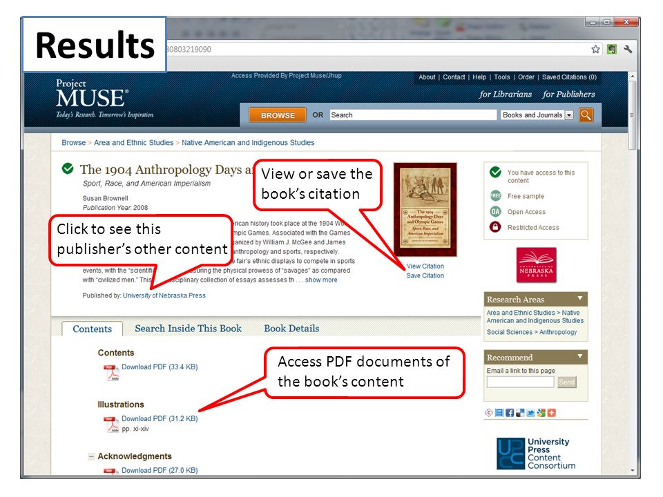 Click to see this publisher’s other content View or save the book’s citation Access PDF documents of the book’s content Results
