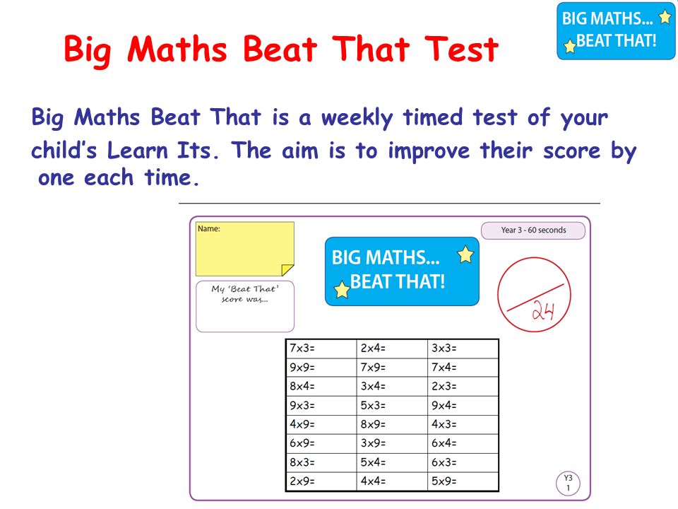 Big Maths Beat That is a weekly timed test of your child’s Learn Its.