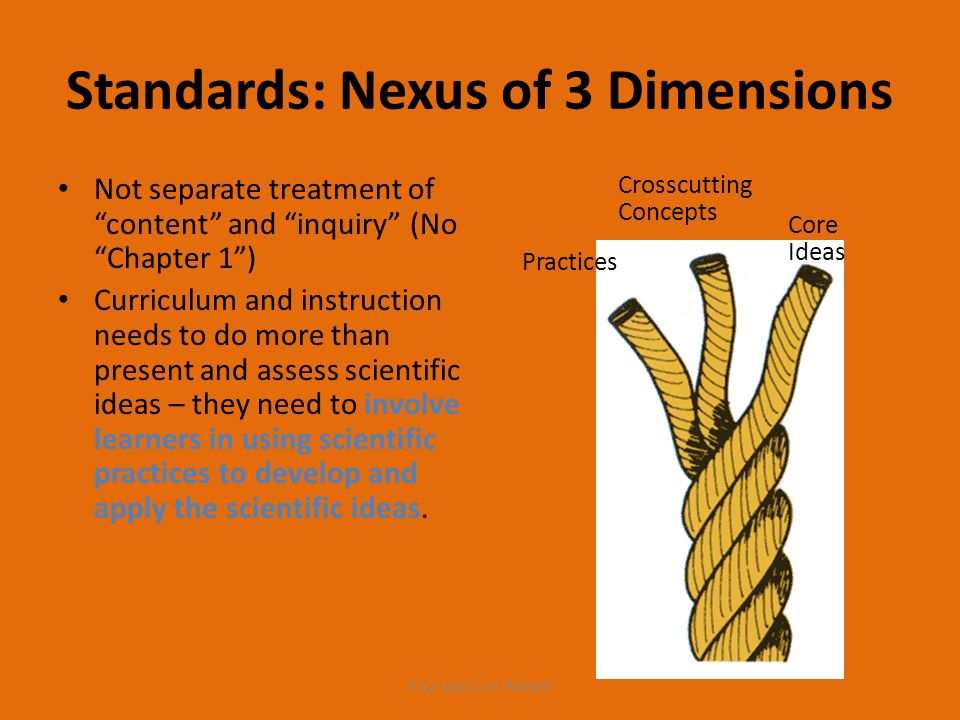 Standards: Nexus of 3 Dimensions Not separate treatment of content and inquiry (No Chapter 1 ) Curriculum and instruction needs to do more than present and assess scientific ideas – they need to involve learners in using scientific practices to develop and apply the scientific ideas.