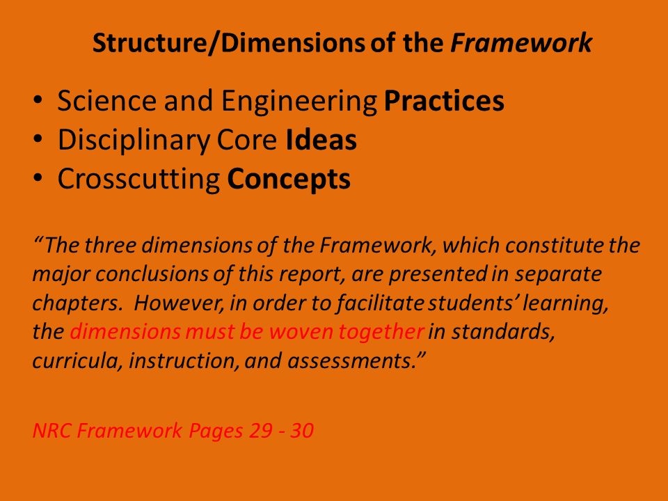 Structure/Dimensions of the Framework Science and Engineering Practices Disciplinary Core Ideas Crosscutting Concepts The three dimensions of the Framework, which constitute the major conclusions of this report, are presented in separate chapters.