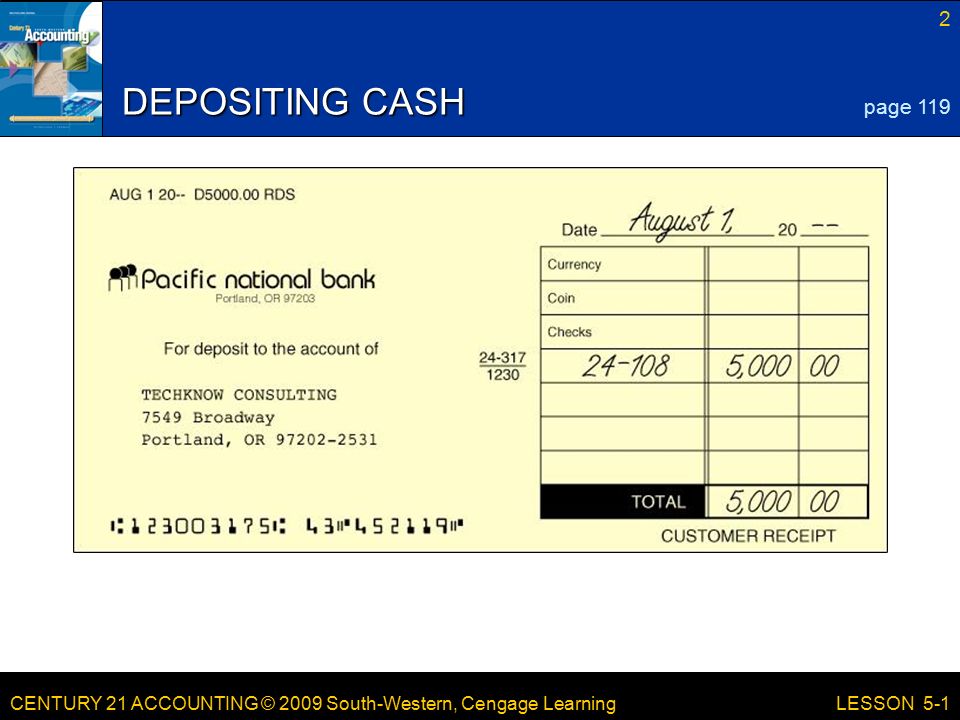 CENTURY 21 ACCOUNTING © 2009 South-Western, Cengage Learning 2 LESSON 5-1 DEPOSITING CASH page 119