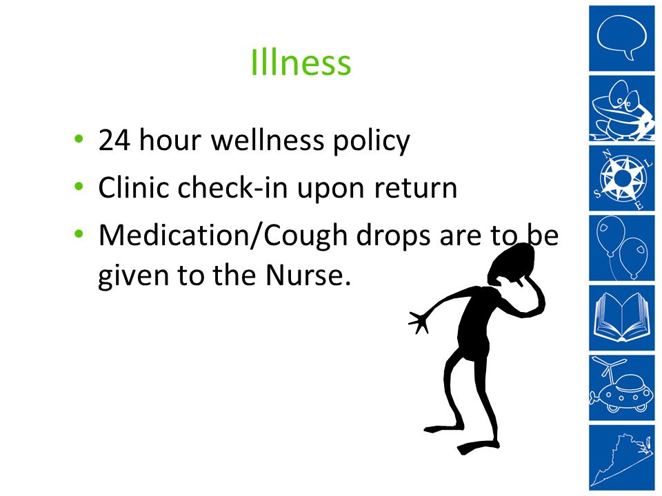 Illness 24 hour wellness policy Clinic check-in upon return Medication/Cough drops are to be given to the Nurse.