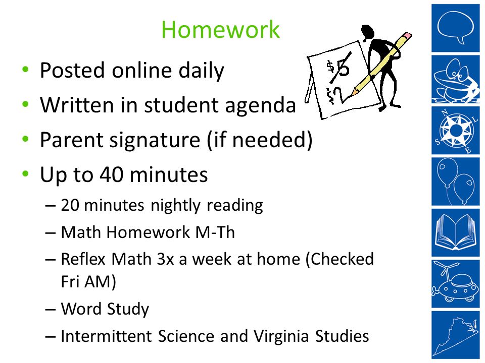 Homework Posted online daily Written in student agenda Parent signature (if needed) Up to 40 minutes – 20 minutes nightly reading – Math Homework M-Th – Reflex Math 3x a week at home (Checked Fri AM) – Word Study – Intermittent Science and Virginia Studies