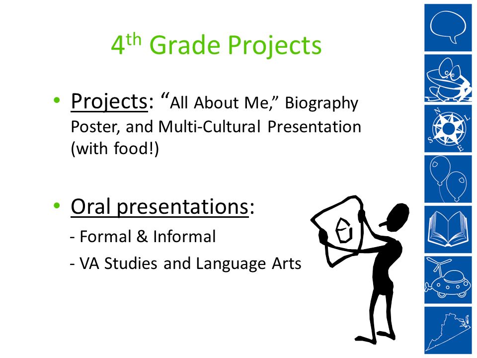 4 th Grade Projects Projects: All About Me, Biography Poster, and Multi-Cultural Presentation (with food!) Oral presentations: - Formal & Informal - VA Studies and Language Arts