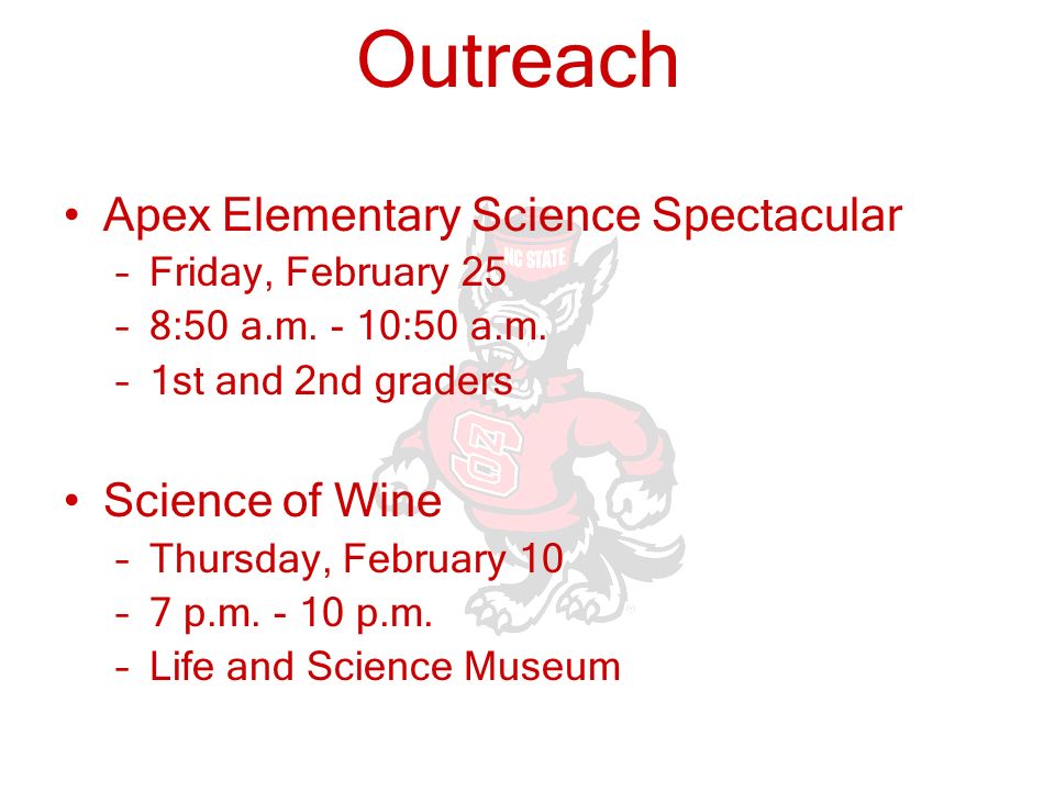 Outreach Apex Elementary Science Spectacular –Friday, February 25 –8:50 a.m.