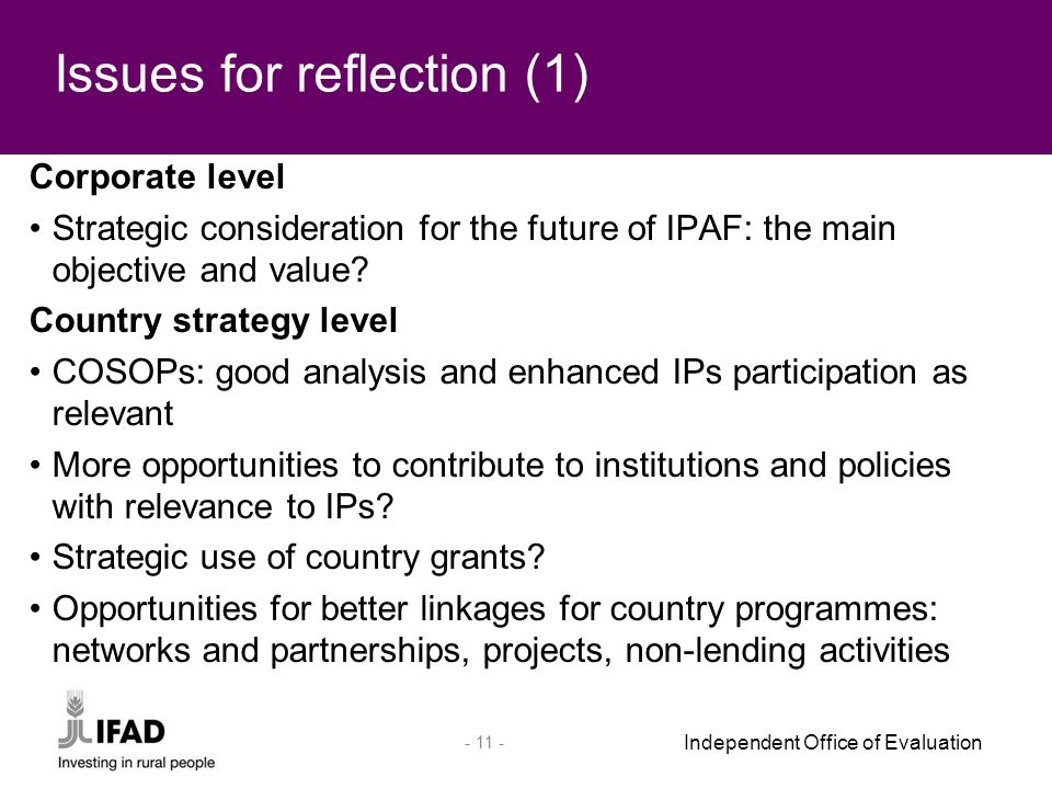 Independent Office of Evaluation Corporate level Strategic consideration for the future of IPAF: the main objective and value.