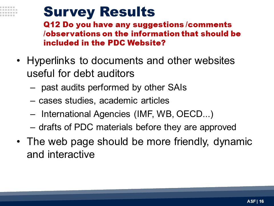 Hyperlinks to documents and other websites useful for debt auditors – past audits performed by other SAIs –cases studies, academic articles – International Agencies (IMF, WB, OECD...) –drafts of PDC materials before they are approved The web page should be more friendly, dynamic and interactive ASF | 16 Survey Results Q12 Do you have any suggestions /comments /observations on the information that should be included in the PDC Website