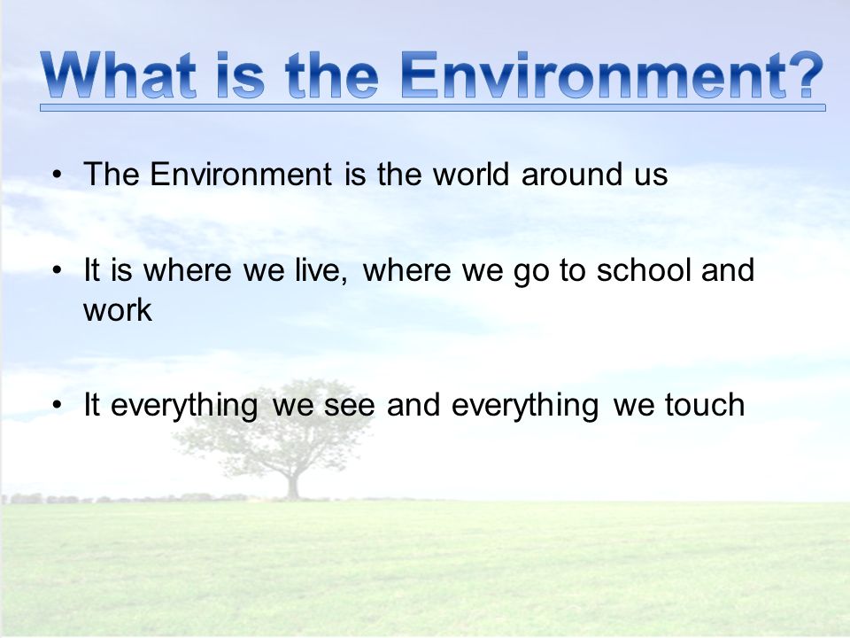 The Environment is the world around us It is where we live, where we go to school and work It everything we see and everything we touch
