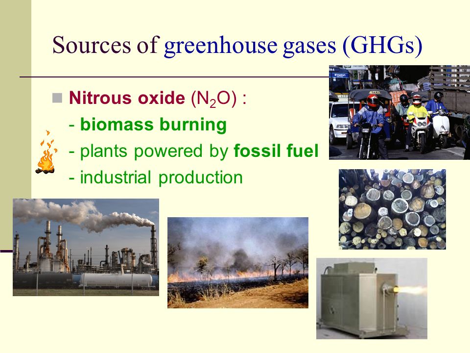 Sources of greenhouse gases (GHGs) Nitrous oxide (N 2 O) : - biomass burning - plants powered by fossil fuel - industrial production