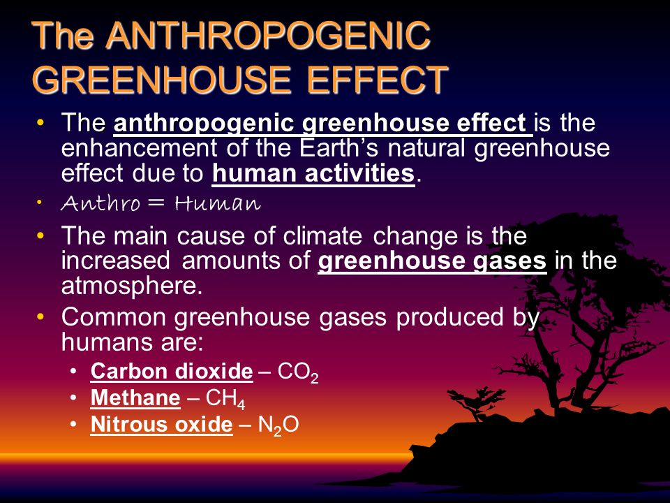 The ANTHROPOGENIC GREENHOUSE EFFECT The anthropogenic greenhouse effectThe anthropogenic greenhouse effect is the enhancement of the Earth’s natural greenhouse effect due to human activities.