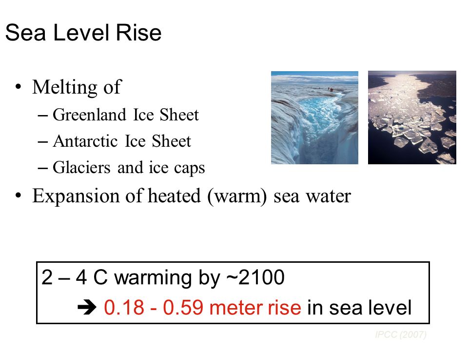 Sea Level Rise Melting of – Greenland Ice Sheet – Antarctic Ice Sheet – Glaciers and ice caps Expansion of heated (warm) sea water 2 – 4 C warming by ~2100  meter rise in sea level IPCC (2007)