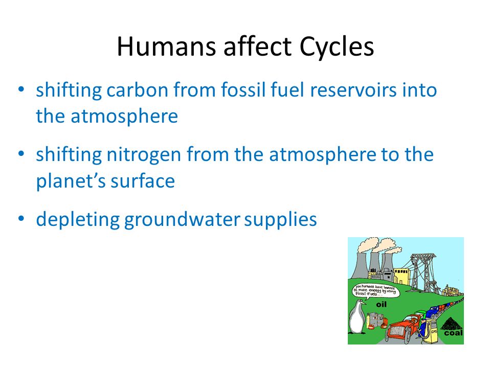 Humans affect Cycles shifting carbon from fossil fuel reservoirs into the atmosphere shifting nitrogen from the atmosphere to the planet’s surface depleting groundwater supplies