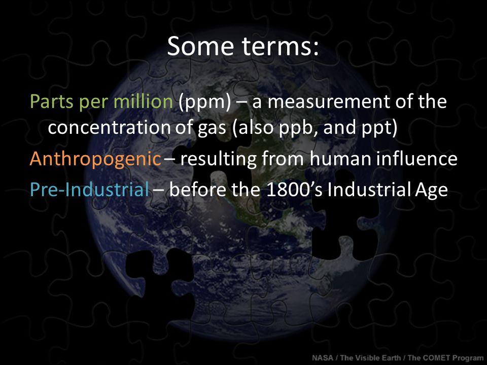 Some terms: Parts per million (ppm) – a measurement of the concentration of gas (also ppb, and ppt) Anthropogenic – resulting from human influence Pre-Industrial – before the 1800’s Industrial Age