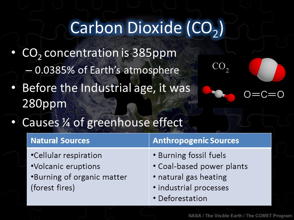 CO 2 concentration is 385ppm – % of Earth’s atmosphere Before the Industrial age, it was 280ppm Causes ¼ of greenhouse effect Natural SourcesAnthropogenic Sources Cellular respiration Volcanic eruptions Burning of organic matter (forest fires) Burning fossil fuels Coal-based power plants natural gas heating industrial processes Deforestation