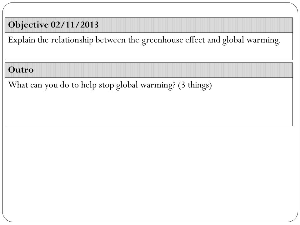 Objective 02/11/2013 Outro Explain the relationship between the greenhouse effect and global warming.