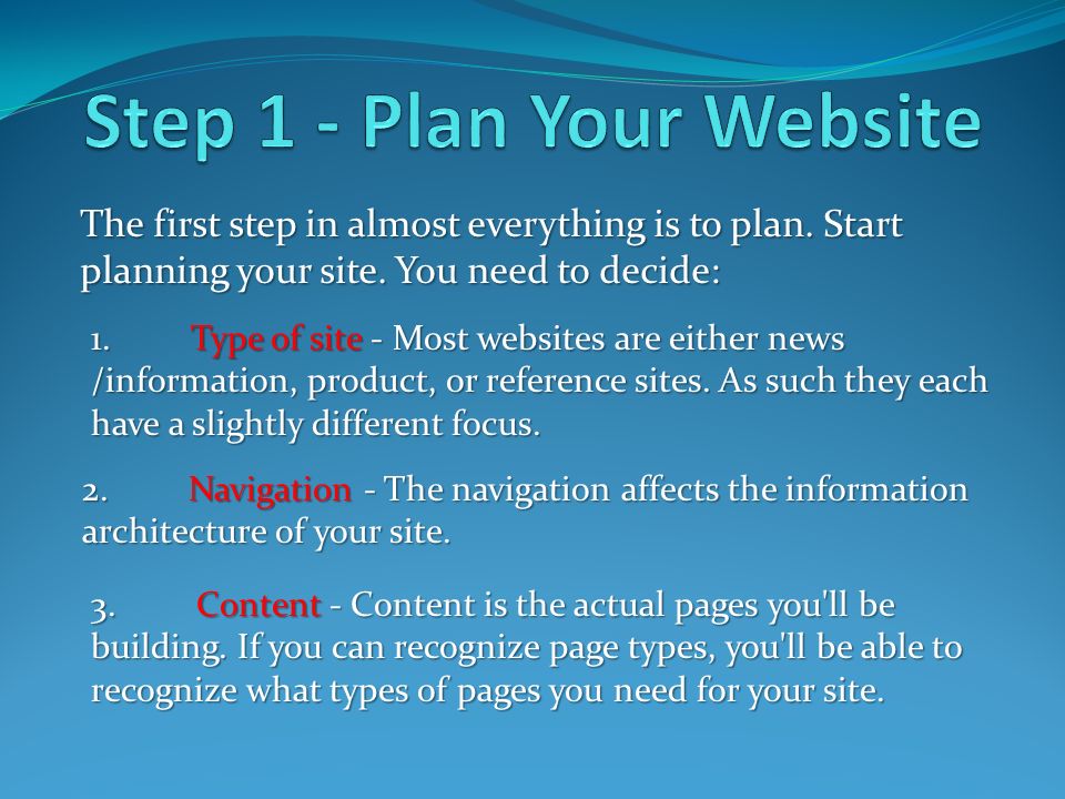 The first step in almost everything is to plan. Start planning your site.