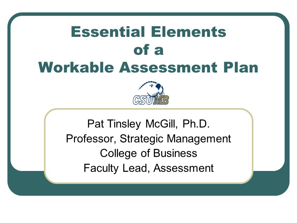 Essential Elements of a Workable Assessment Plan Pat Tinsley McGill, Ph.D.